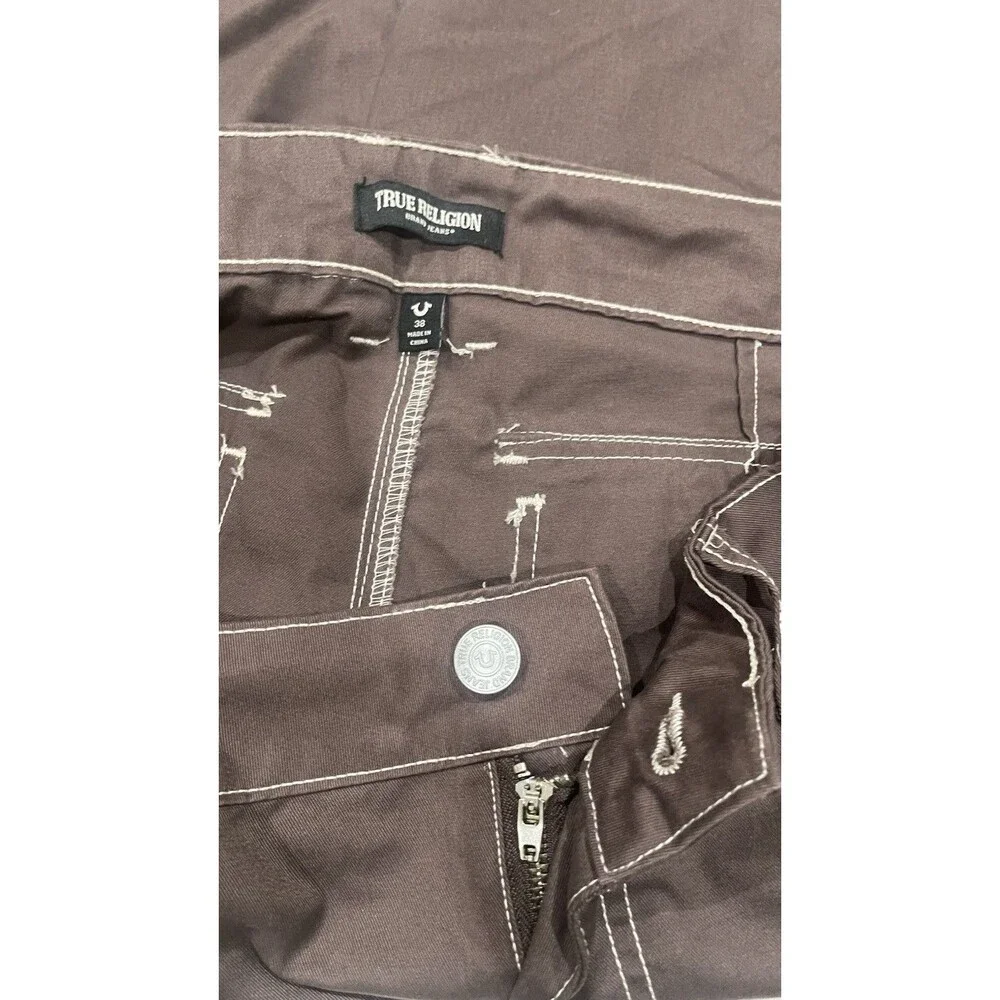 True Religion Cargo Shorts Brown Cotton Canvas Contrast Stitching Utility Men 38